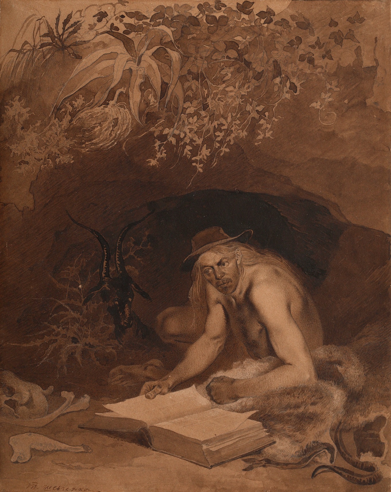 Robinson Crusoe, 1856, sepia, bistre